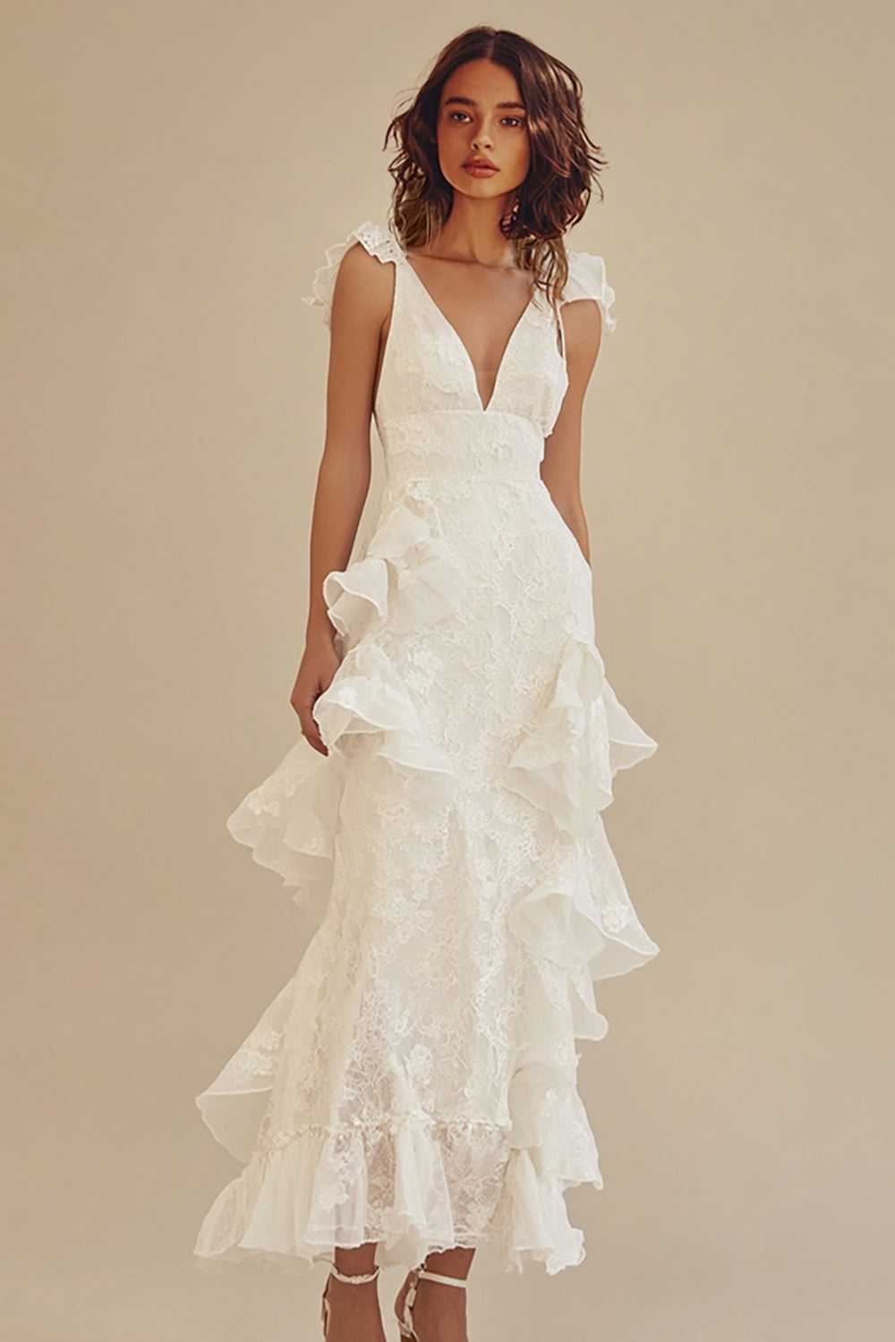 White Little White Dress with Ruffles V-neck A-Line Chiffon Ankle Length Party Dress
